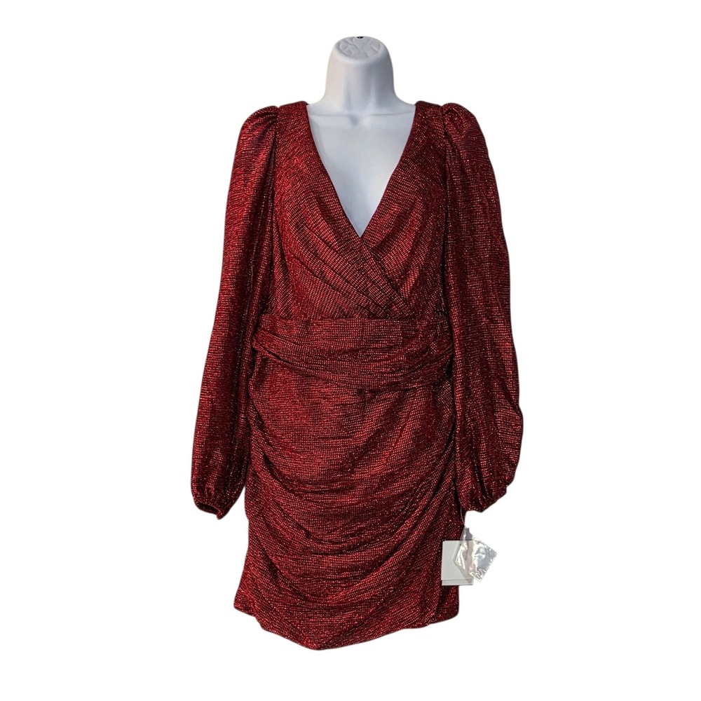 New DB STUDIO Women's Size 14 Sparkly Wrap Ruched Mini Dress Red Party Valentine